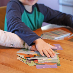 Child reaching for a winning match while playing Scotland Snap cards.