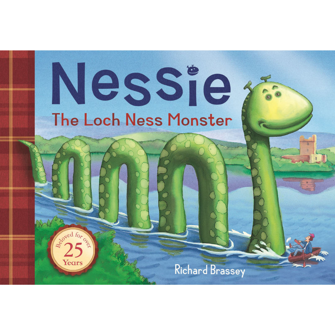 Front cover of “Nessie: The Loch Ness Monster” by Richard Brassey featuring a friendly green Nessie in Loch Ness with a castle in the background.