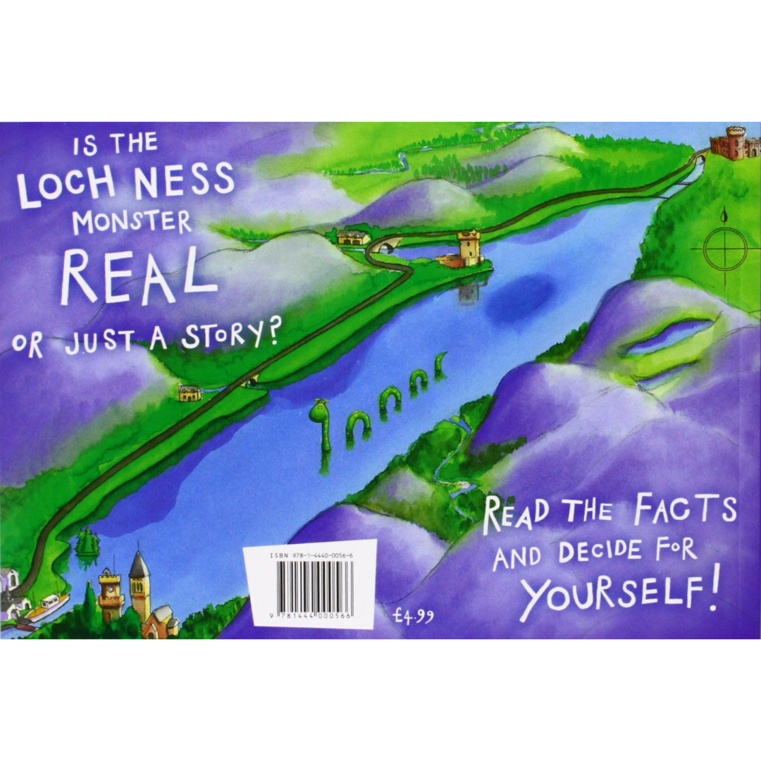 Back cover of “Nessie: The Loch Ness Monster” showing a map-style illustration of Loch Ness with Nessie in the water and playful text inviting readers to decide if she’s real.