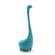 Blue Baby Nessie tea infuser standing upright, shaped like a cute dinosaur with a long neck and small legs.