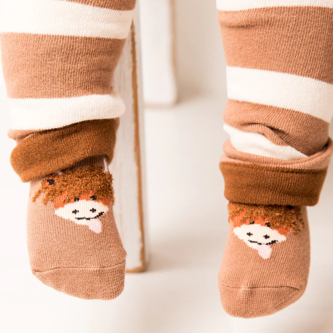 Front view of Neutral Highland Cow Socks with fluffy Hamish Highland Cow design