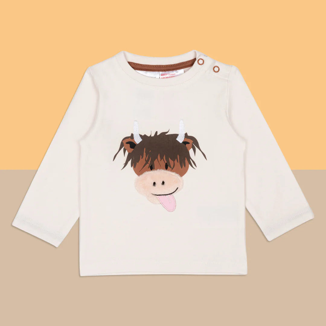 Neutral Highland Cow long-sleeve top laid flat, showcasing its cute Hamish cow print and soft fleece nose detail.