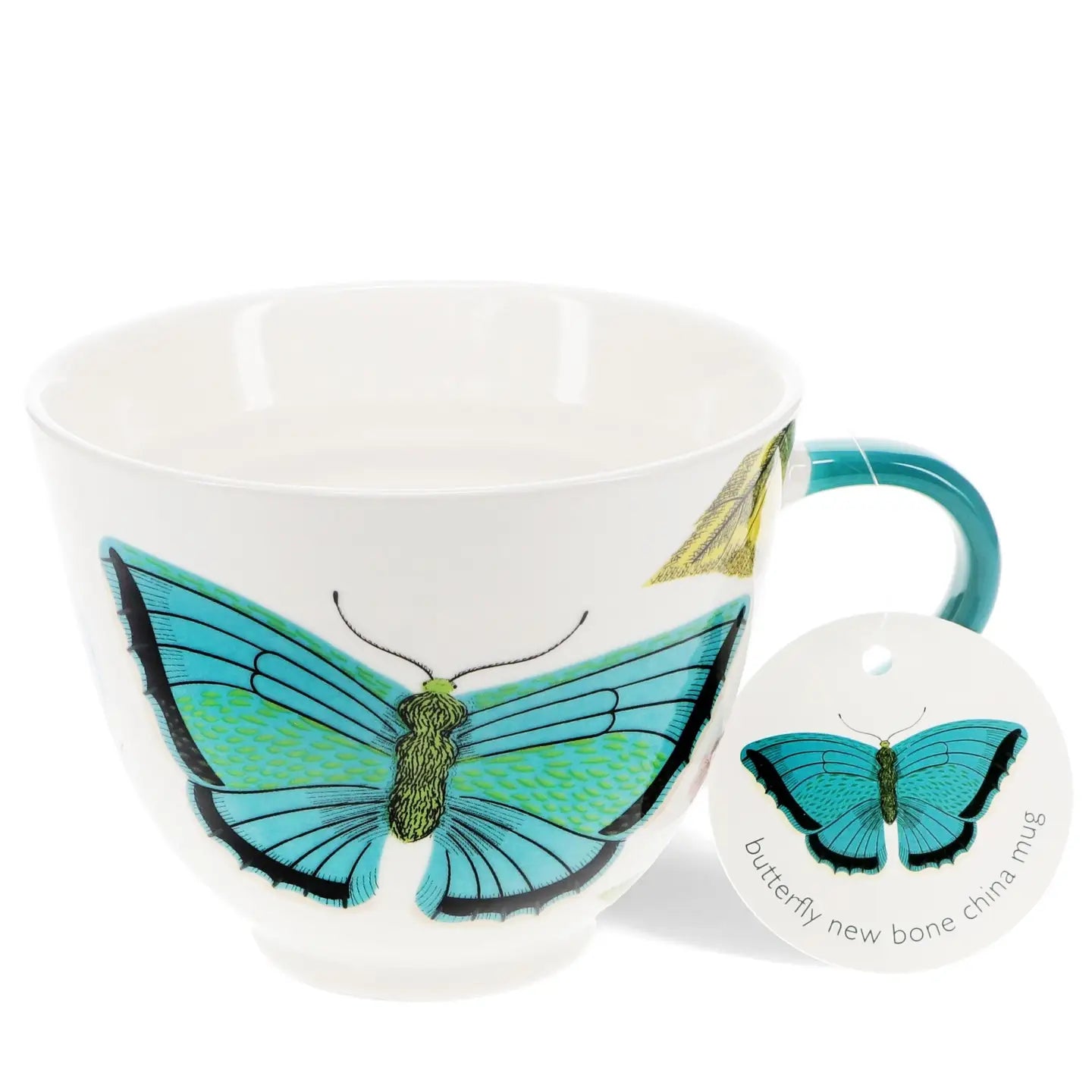 White new bone china mug with blue butterfly design and teal handle.