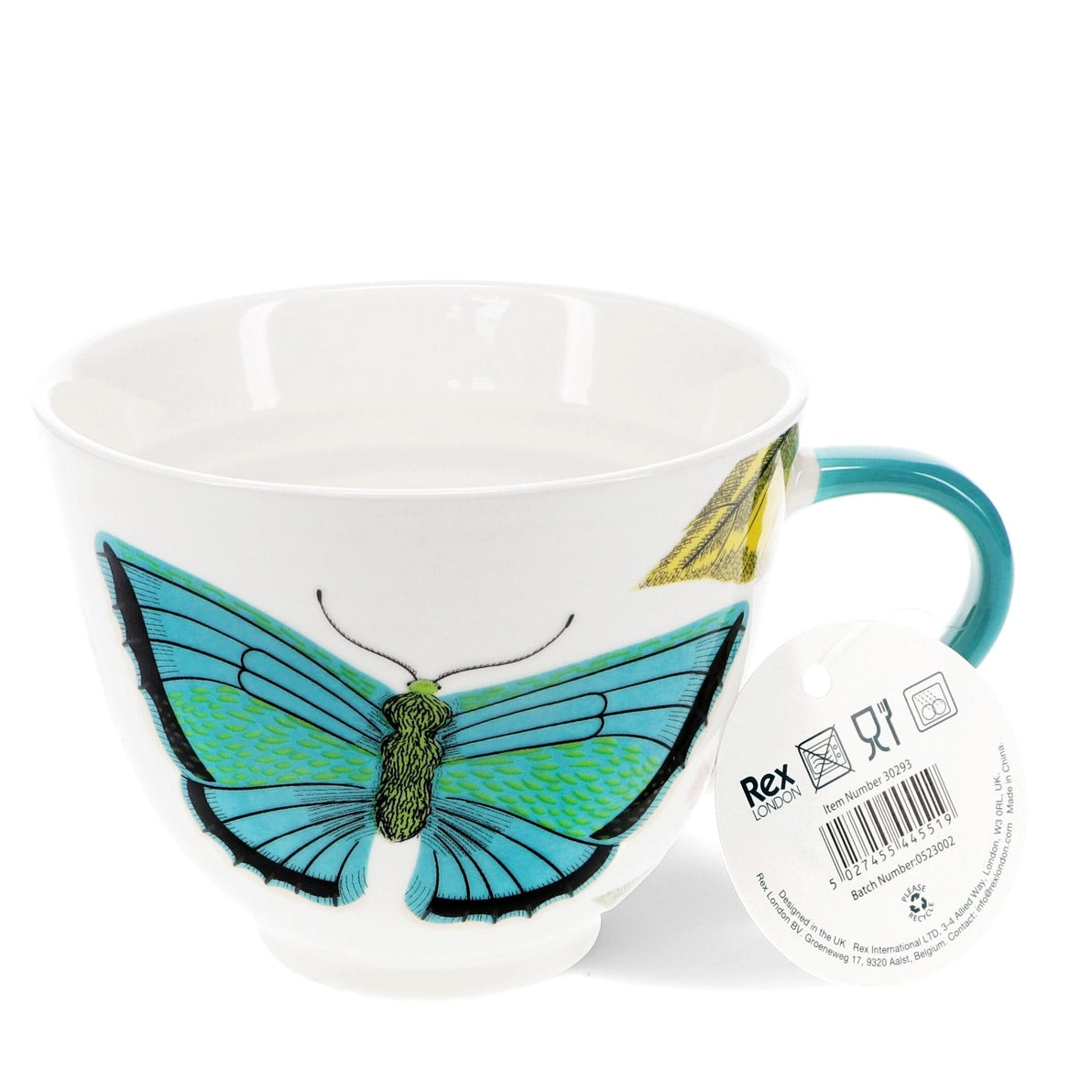 Butterfly new bone china mug showing product tag and care symbols.