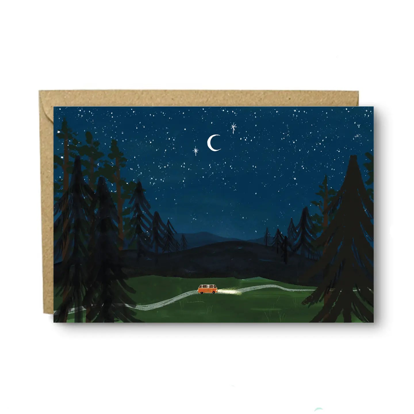 Illustrated Night Driving Campervan Card showing a red camper van driving under a starry night sky with crescent moon, surrounded by pine trees.