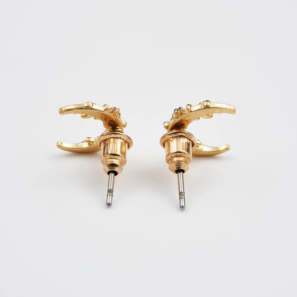 Back view of Nightshade Moon gold stud earrings with stainless steel posts.
