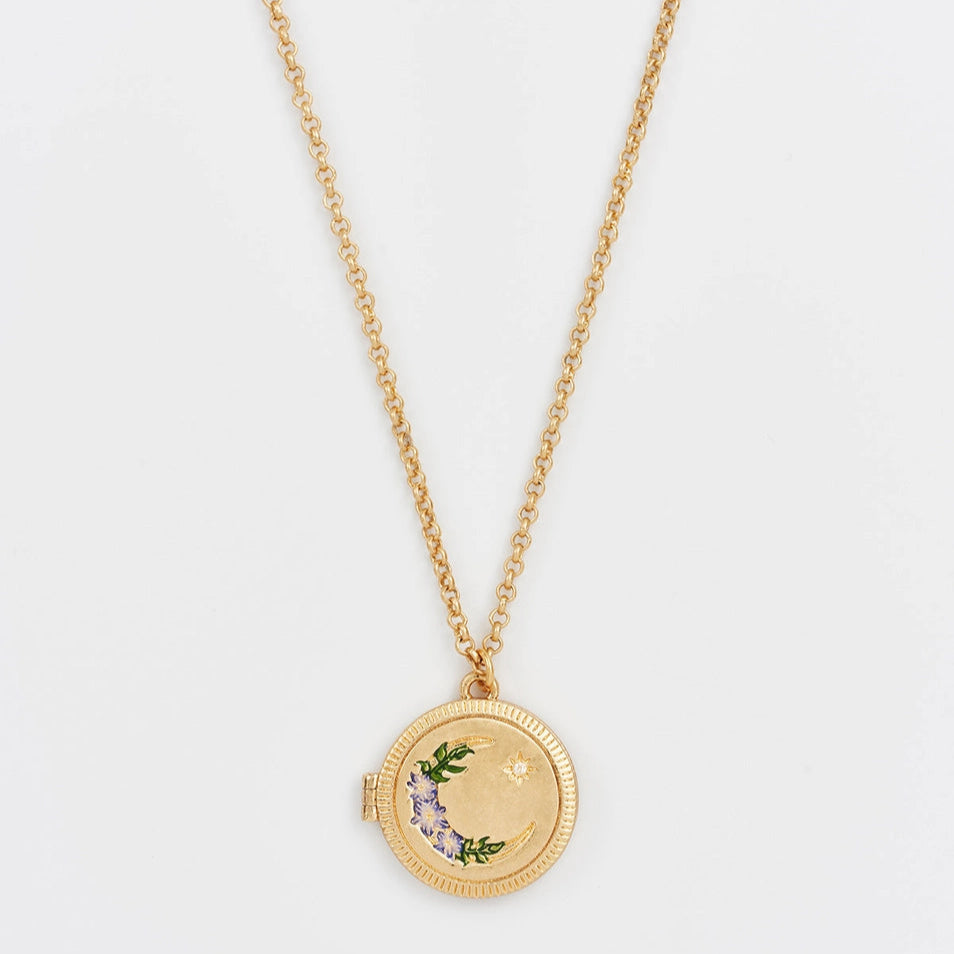 Nightshade Moon Round Gold Locket Necklace on gold chain – closed view.