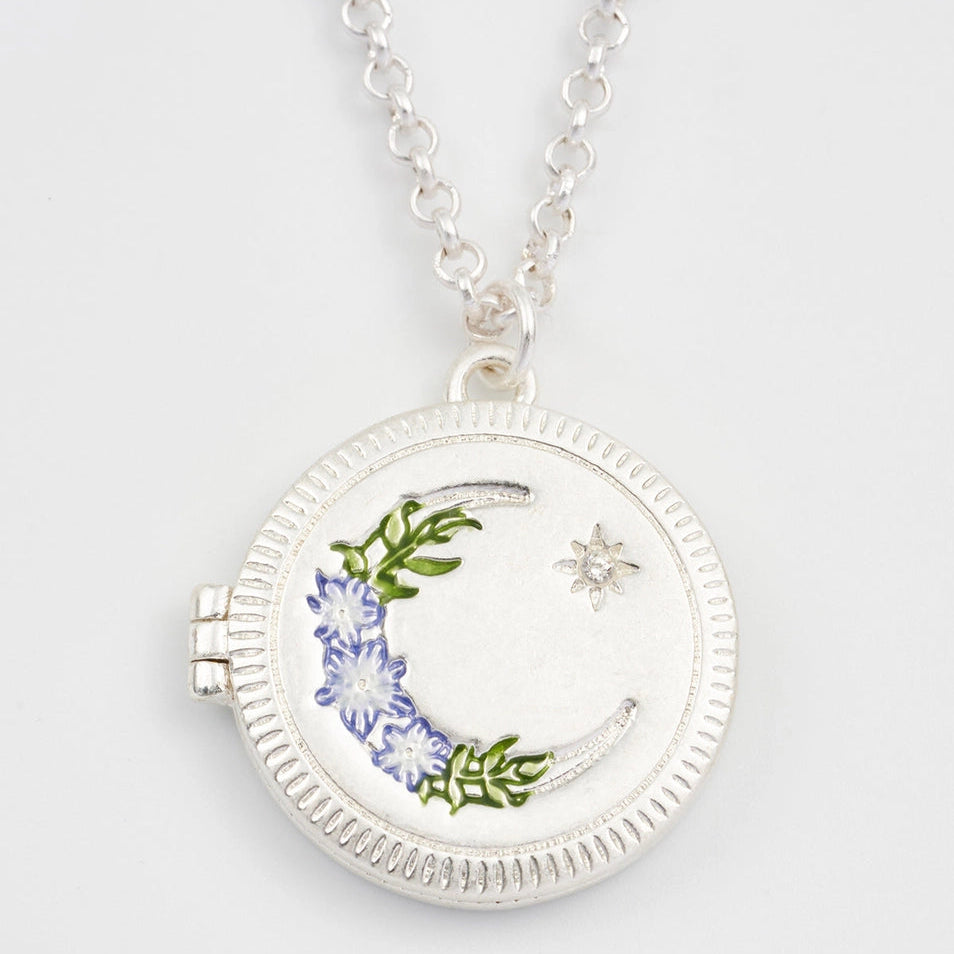 Nightshade Moon Round Silver Locket Necklace with enamel crescent and star detail.