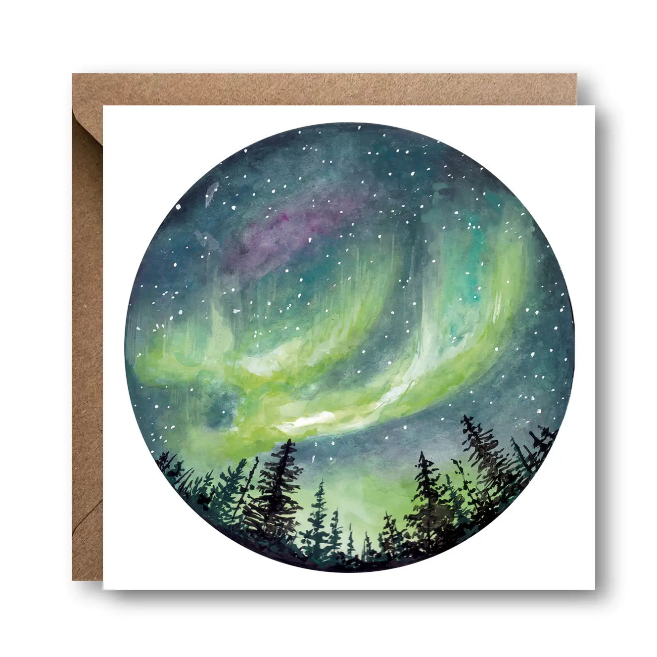 Square Northern Lights greetings card featuring a circular illustration of a green and purple aurora over pine trees, printed on white 300gsm card with Kraft envelope.