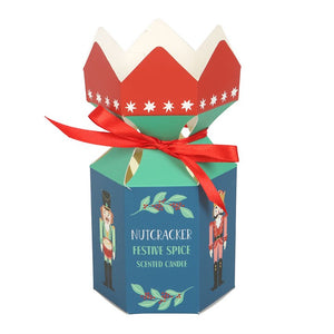 Nutcracker Festive Spice candle packaging with Christmas cracker design.