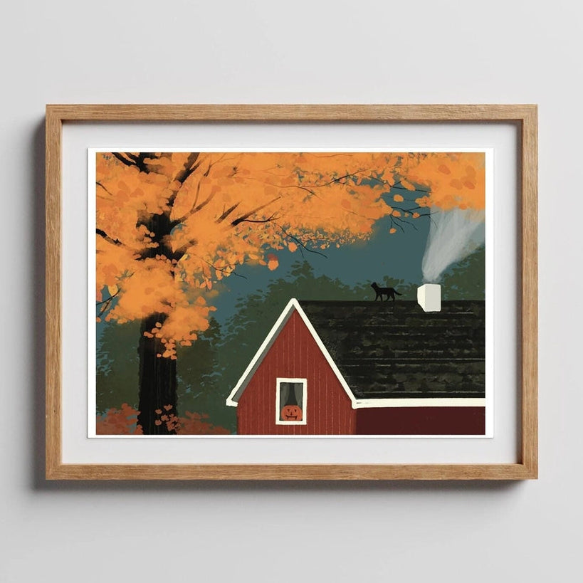 October Landscape Art Print – autumn cabin with orange tree, chimney smoke, and black cat illustration in giclée style.