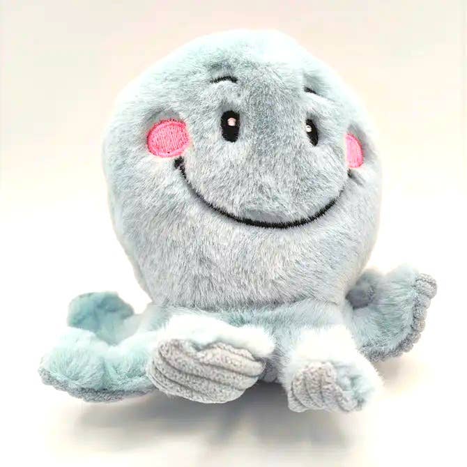 Mint green octopus plush toy with smiling face on white background