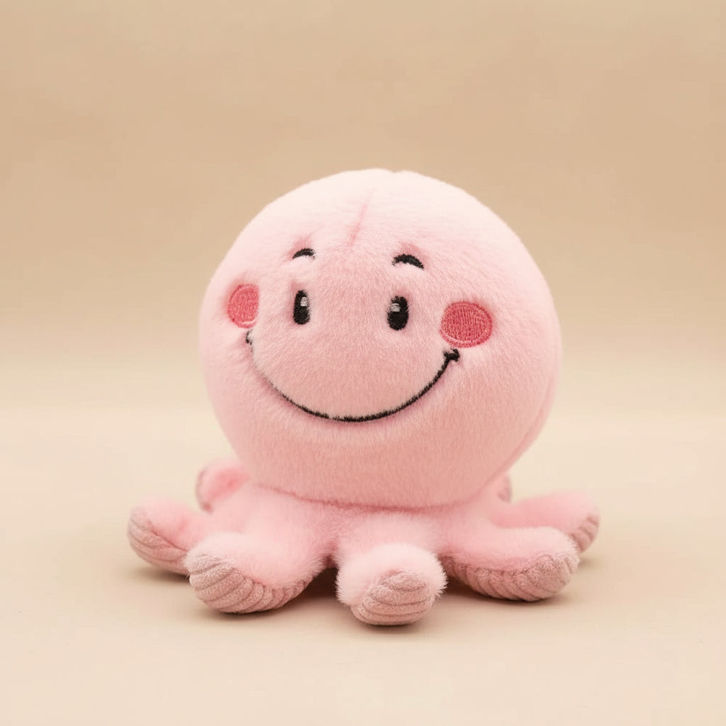 Pink octopus soft plush toy with smiling face on beige background