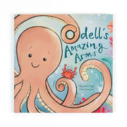 Front cover of Odell’s Amazing Arms children’s book by Meredith Vigh and Clair Rossiter, featuring Odell the smiling octopus and a cheerful red crab in an underwater scene.
