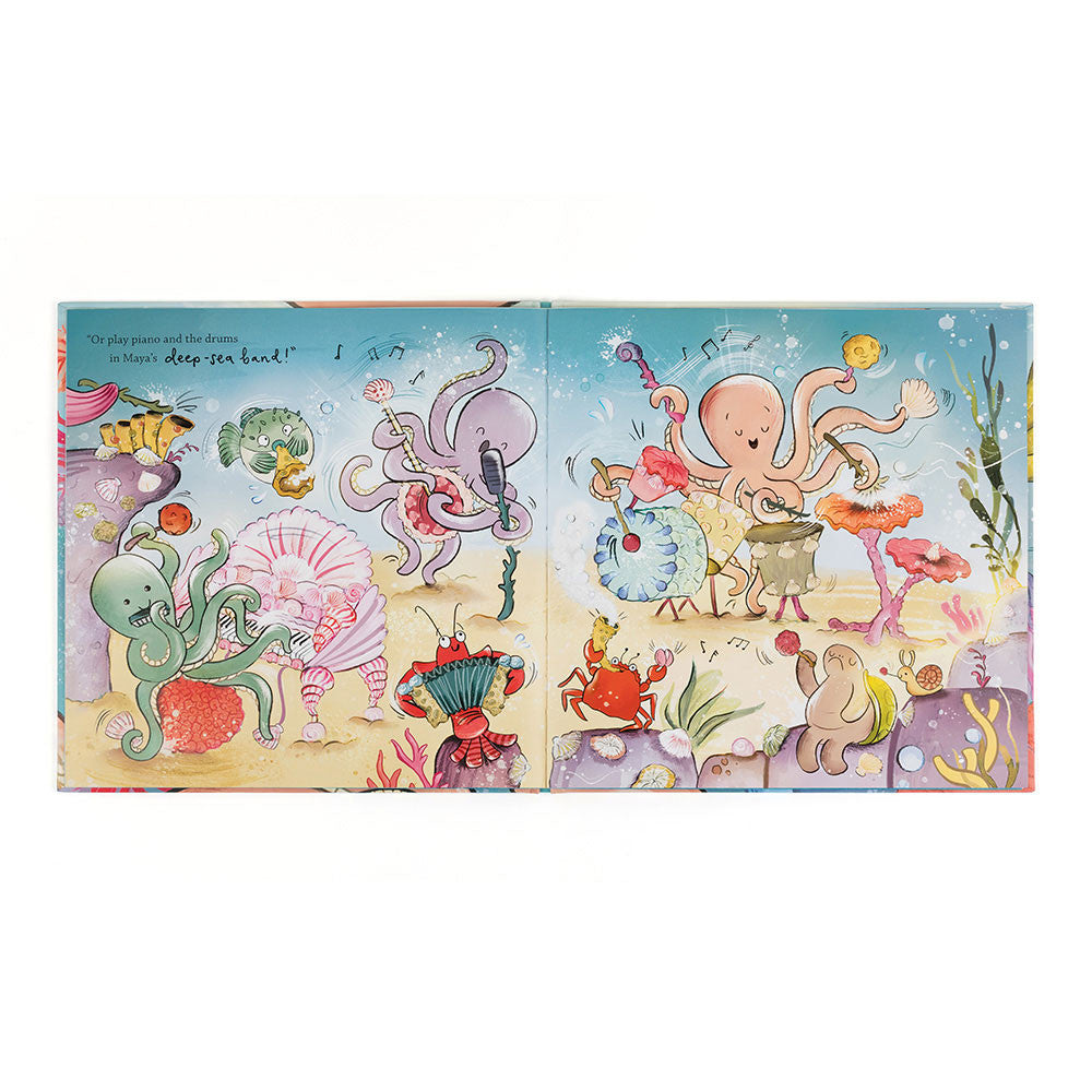 Illustrated pages from Odell’s Amazing Arms showing Odell the octopus and sea creature friends playing instruments in a colourful underwater band scene.