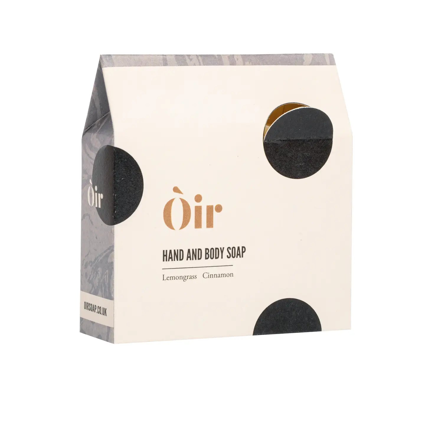 Recyclable packaging for Òir Cinnamon & Lemongrass Soap featuring minimalist dot design and printed scent notes.