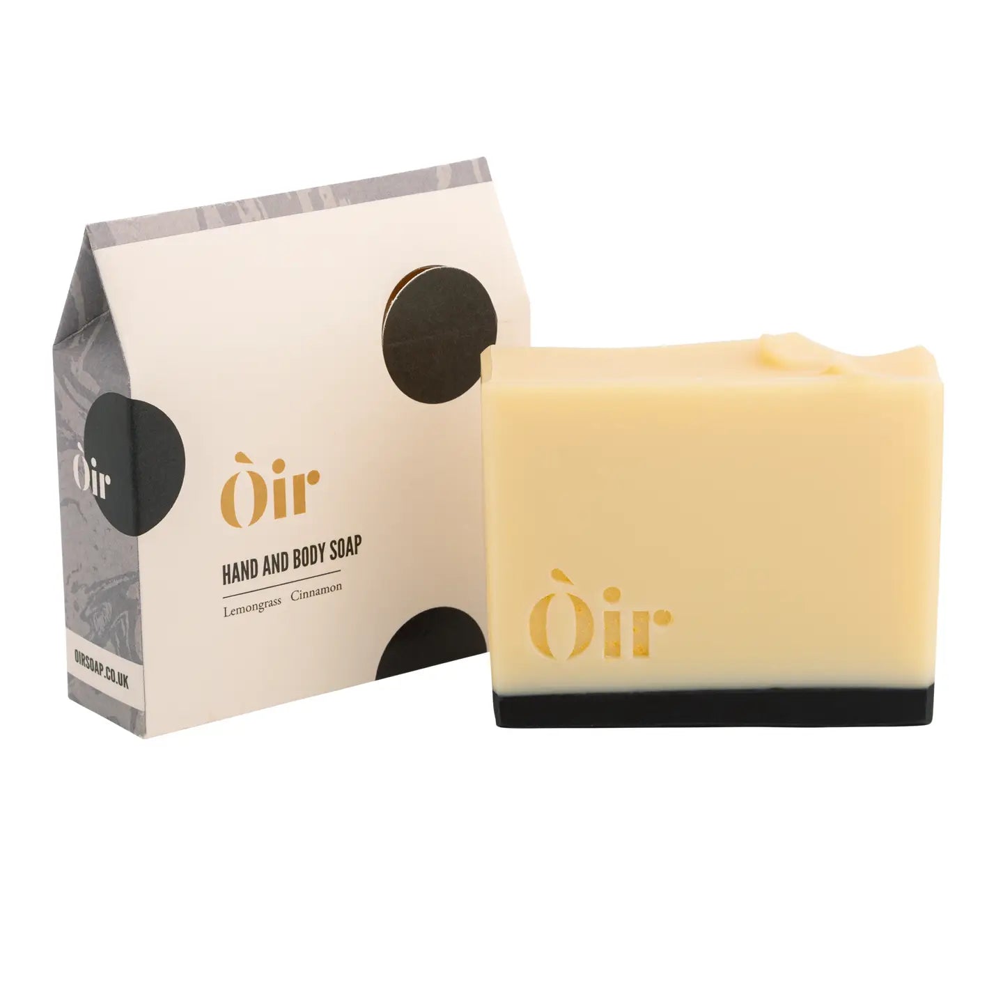 Cinnamon & Lemongrass Òir Soap bar displayed with matching eco-friendly packaging, showing gold foil branding.
