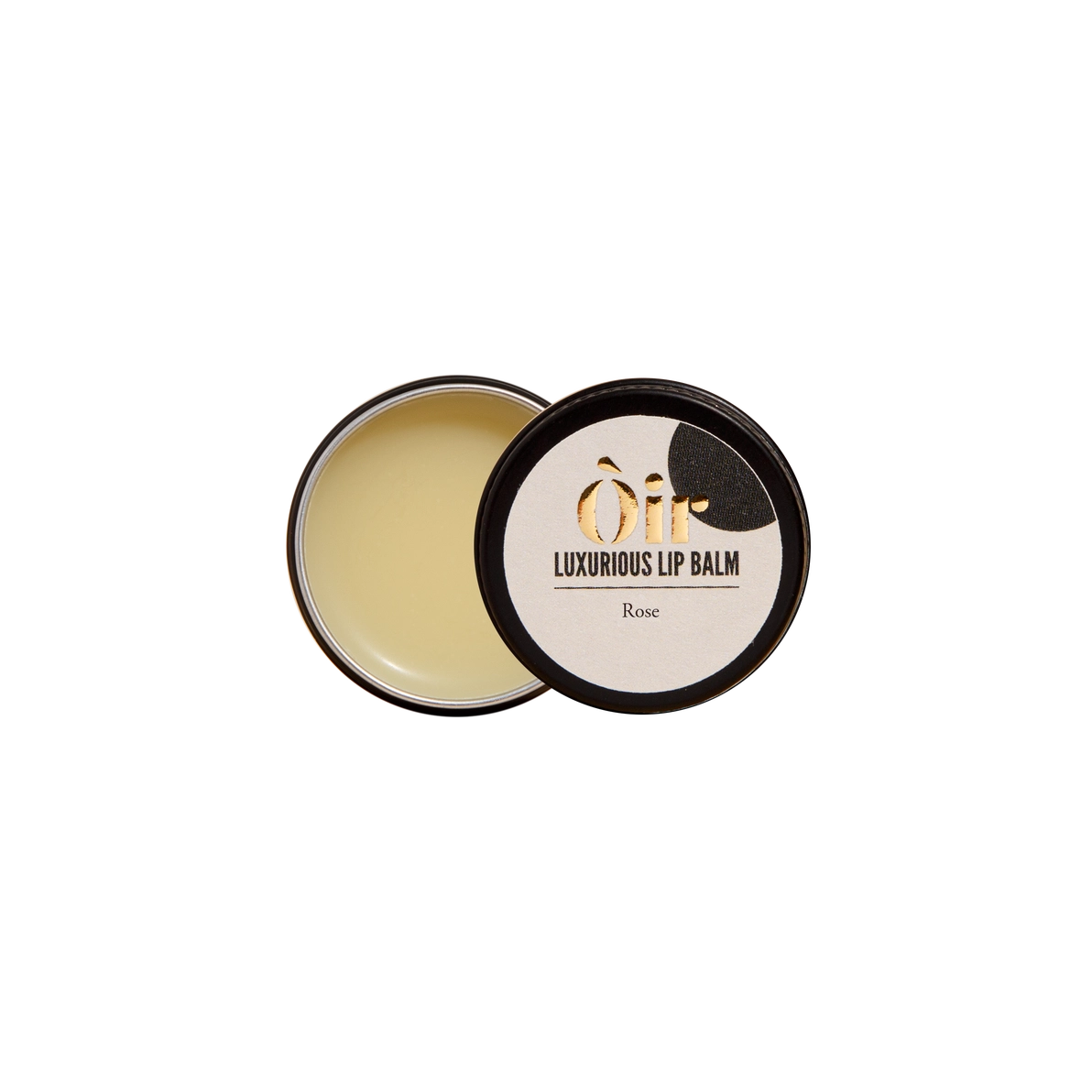 Open tin of Oir Luxurious Lip Balm Rose showing creamy balm and branded lid—natural rose with cocoa & vanilla, 10g.