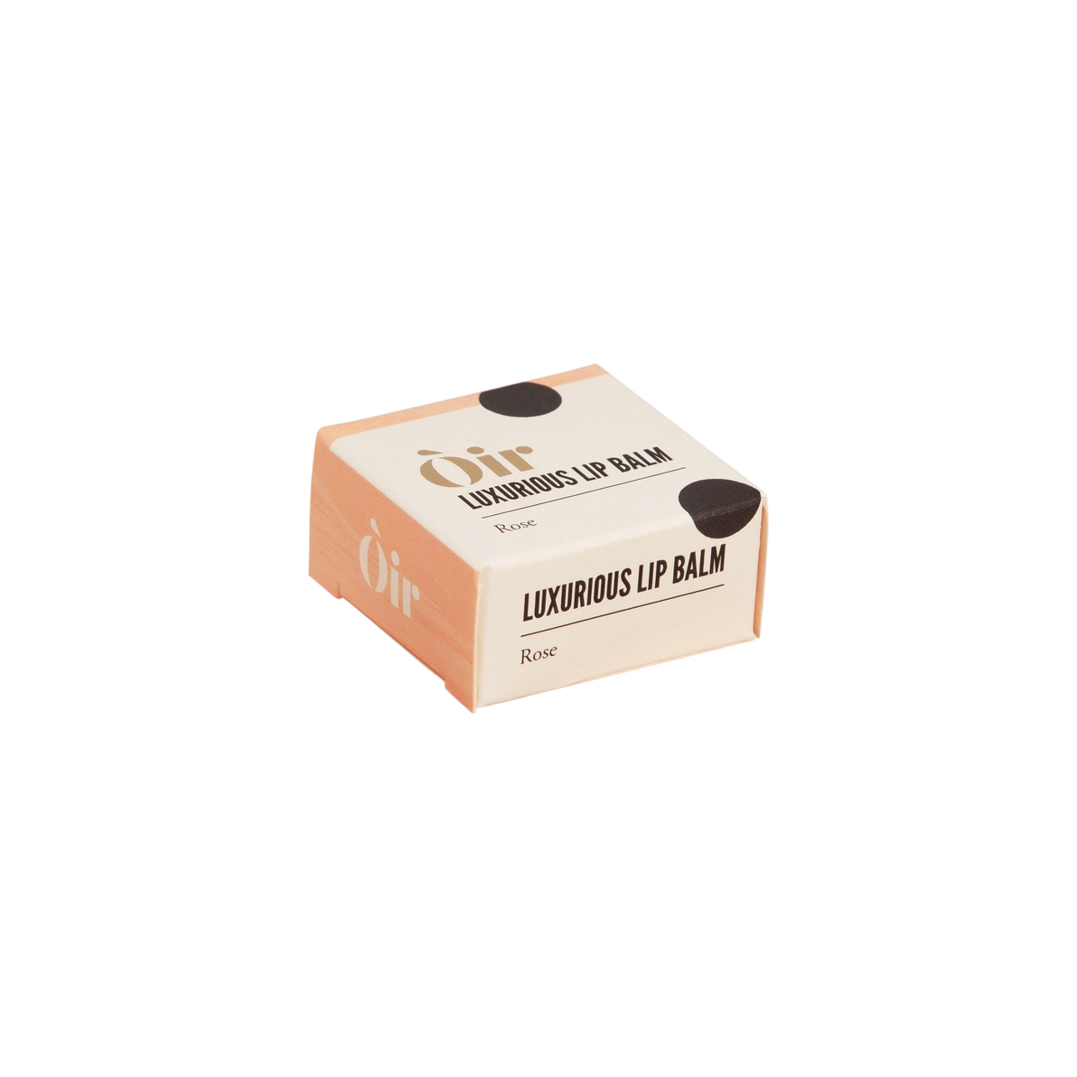 Oir Luxurious Lip Balm Rose outer box in cream and blush with bold typography—100% recyclable packaging, 10g.
