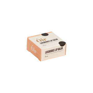 Oir Luxurious Lip Balm Rose outer box in cream and blush with bold typography—100% recyclable packaging, 10g.