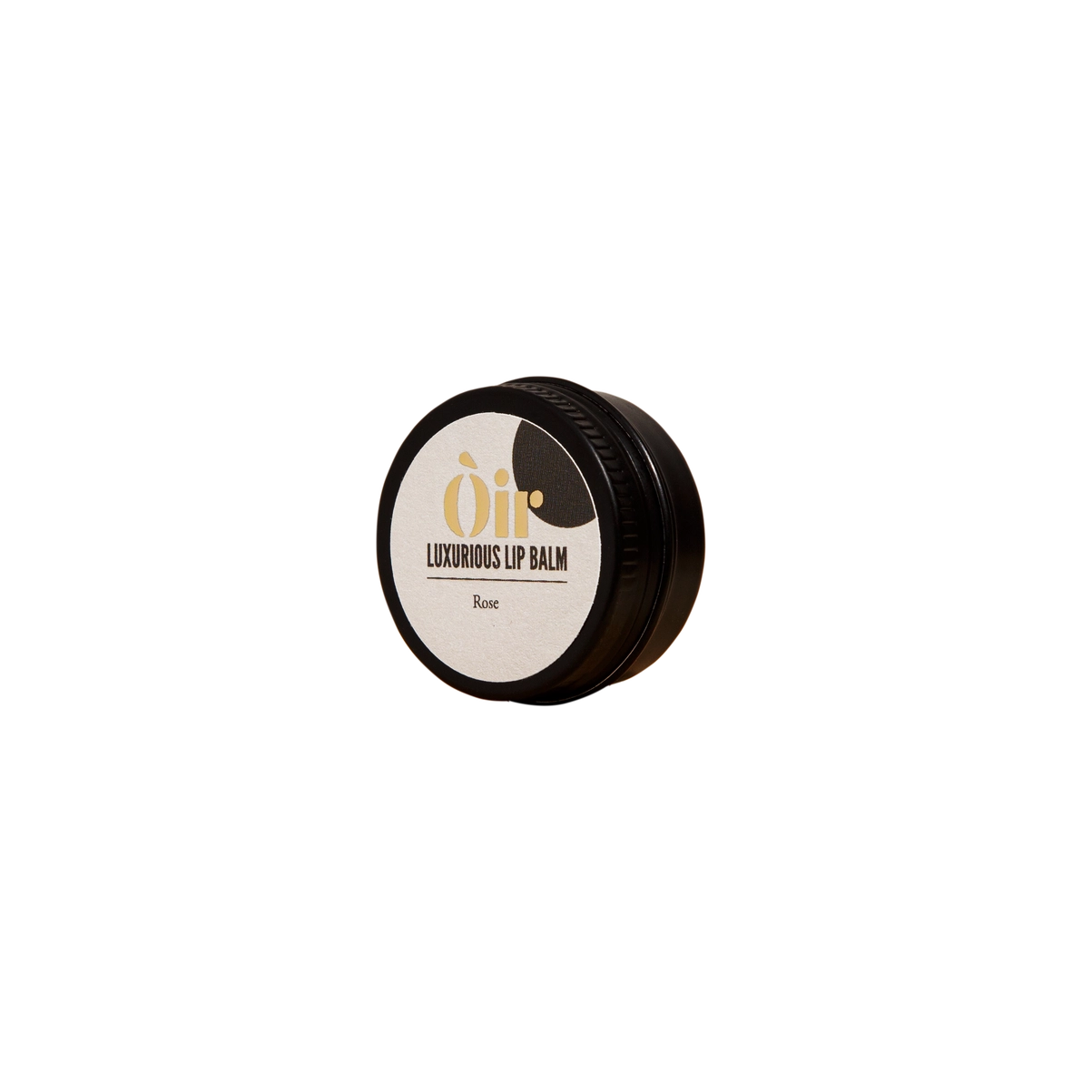 Closed black tin of Oir Luxurious Lip Balm Rose with minimalist label—natural vegan lip balm, palm-oil-free, 10g.