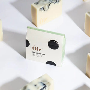 Handmade Òir soap showing luxurious marbled top and sharp edges.