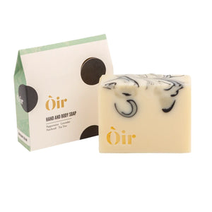 Stylish black and cream swirl detail on Òir award-winning soap bar.