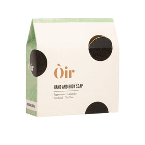 Back of Òir Peppermint Lavender Patchouli Tea Tree Soap with soft marbling and natural texture.