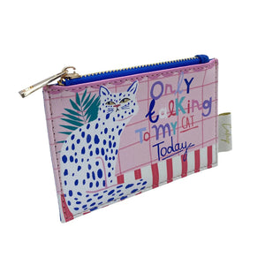 Angled view of zip purse showing gold zip and playful cat design.