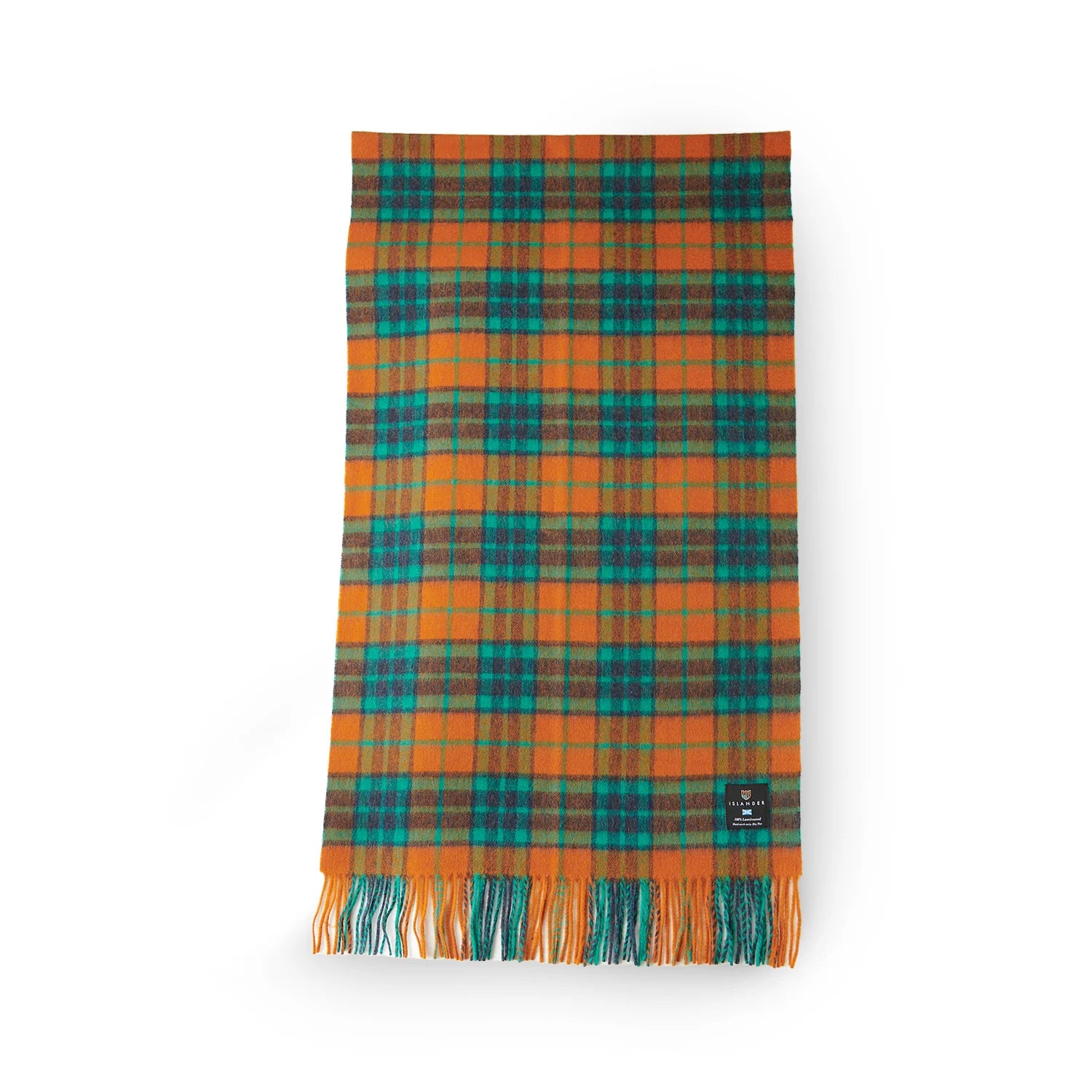 Orange and blue tartan lambswool scarf with fringe edges, folded neatly to show soft woven texture and vibrant check pattern.