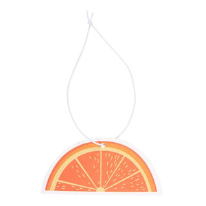 Hanging orange slice air freshener with white string and vibrant citrus design – ideal for cars and wardrobes.