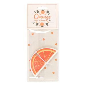 Orange-scented air freshener in clear wrapper with orange slice design and fruit-themed label – perfect for freshening small spaces.