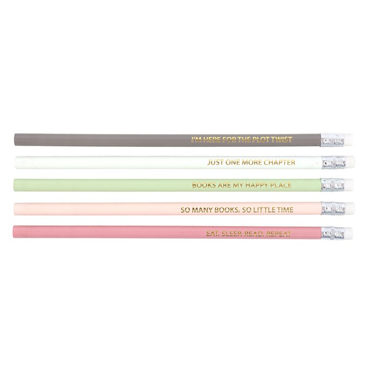 Flat lay of five pastel pencils featuring literary quotes in gold foil.
