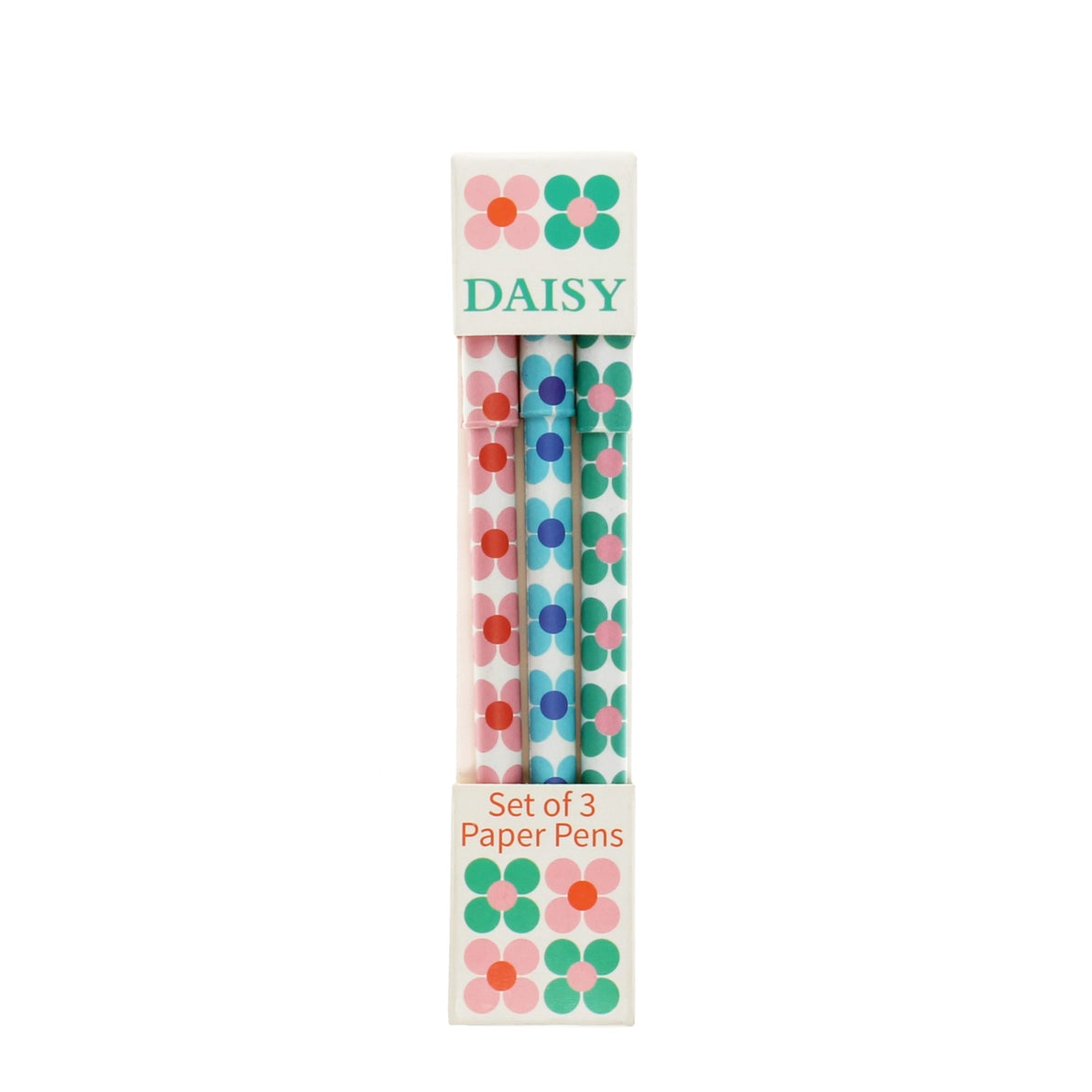 Set of three daisy print paper ballpoint pens in floral printed card box with pink, blue, and green flower designs.