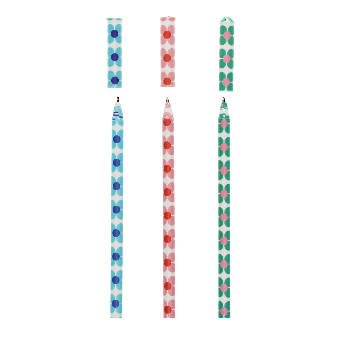 Set of three paper ballpoint pens with floral design, caps removed to show blue ballpoint nibs.