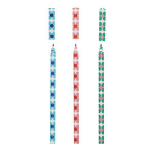 Set of three paper ballpoint pens with floral design, caps removed to show blue ballpoint nibs.