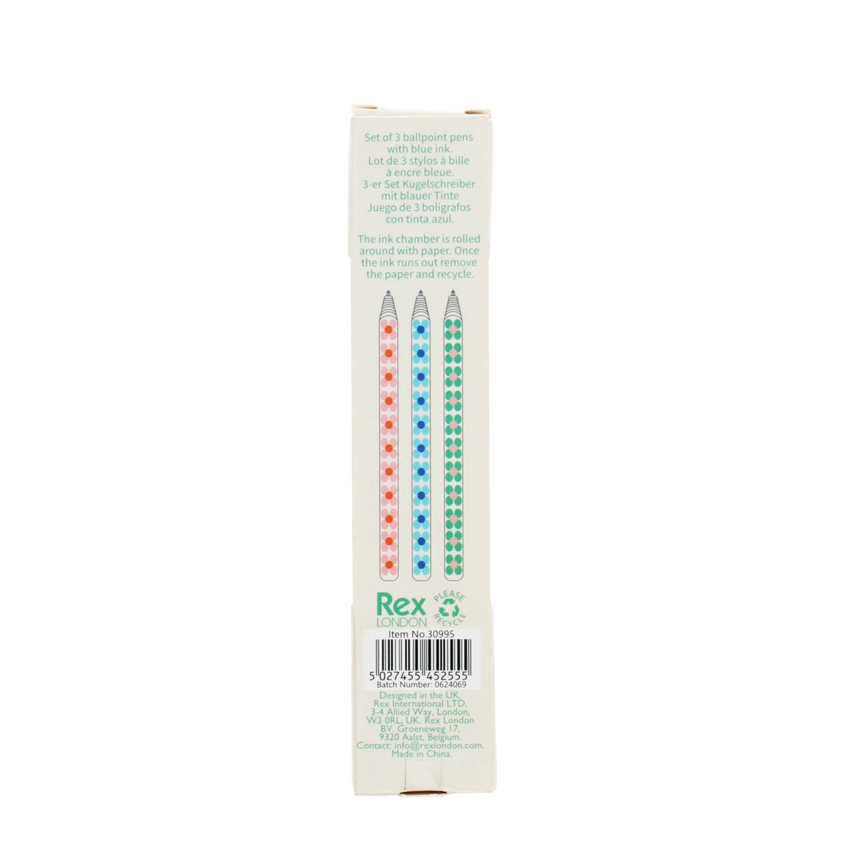 Back of daisy paper pen packaging with illustrated pen designs, product info, and recycling instructions.