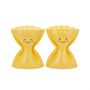 Pasta Farfalle Salt & Pepper Shakers in glossy yellow ceramic with smiling faces.