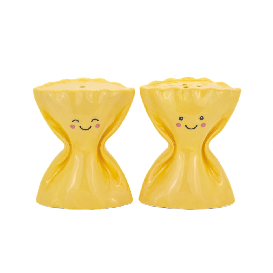 Pasta Farfalle Salt & Pepper Shakers in glossy yellow ceramic with smiling faces.