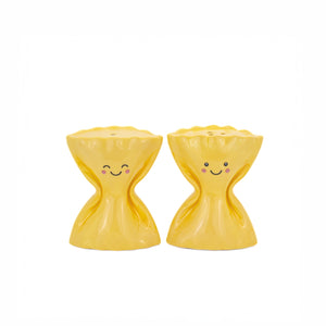 Pasta Farfalle Salt & Pepper Shakers in glossy yellow ceramic with smiling faces.
