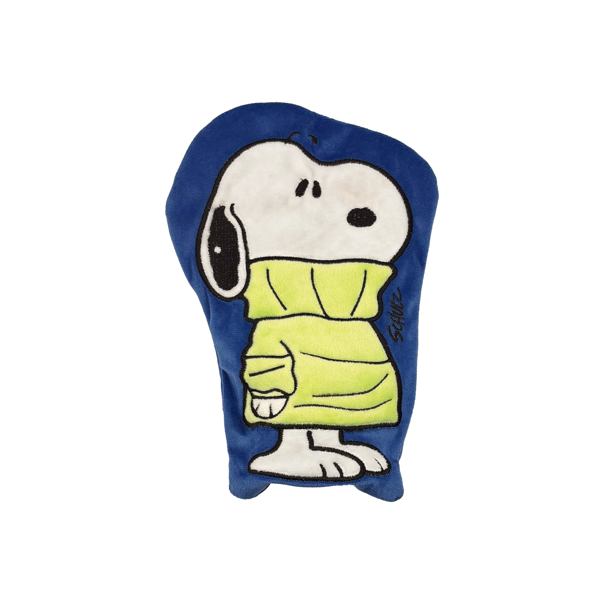 Front view of Peanuts Snoopy Jumper mini hot water bottle with Snoopy in green jumper.