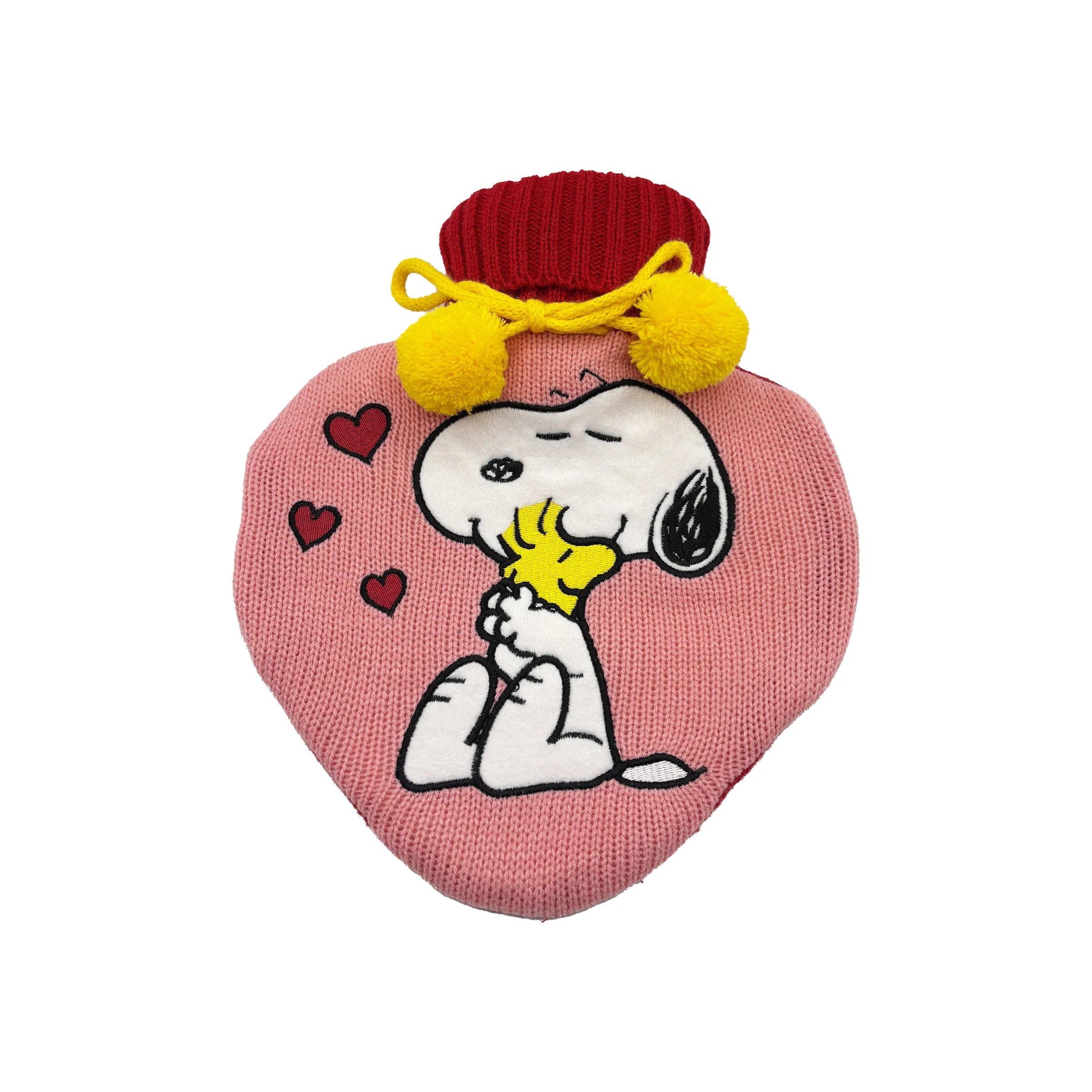 Front view of Snoopy Love Hot Water Bottle with pink knit, applique patch and yellow pompoms.