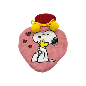 Front view of Snoopy Love Hot Water Bottle with pink knit, applique patch and yellow pompoms.