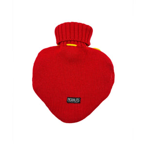 Back view of Snoopy Love Hot Water Bottle with plain red knit and logo tag.