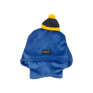Flat lay of Peanuts Snoopy Puffa Hot Water Bottle back with blue fabric and pom-pom hat.
