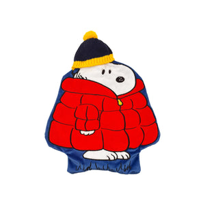 Front view of Peanuts Snoopy Puffa Hot Water Bottle with Snoopy in red puffa coat and knitted pom-pom beanie.