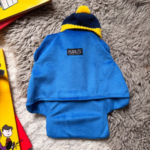 Back view of Peanuts Snoopy Puffa Hot Water Bottle with blue velour fabric and Peanuts label.