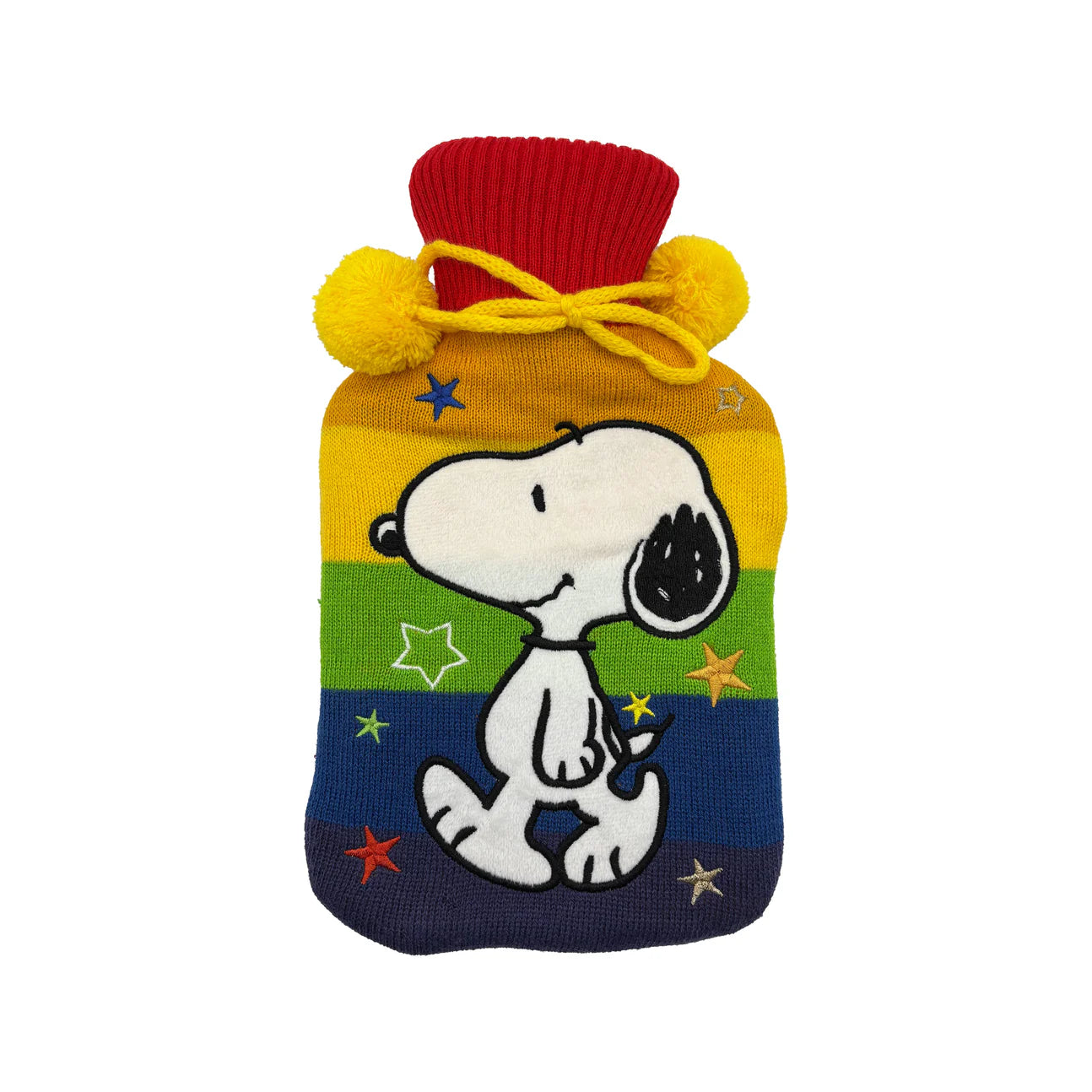 Front view of Snoopy Rainbow Hot Water Bottle with Snoopy applique and pompoms on white background.
