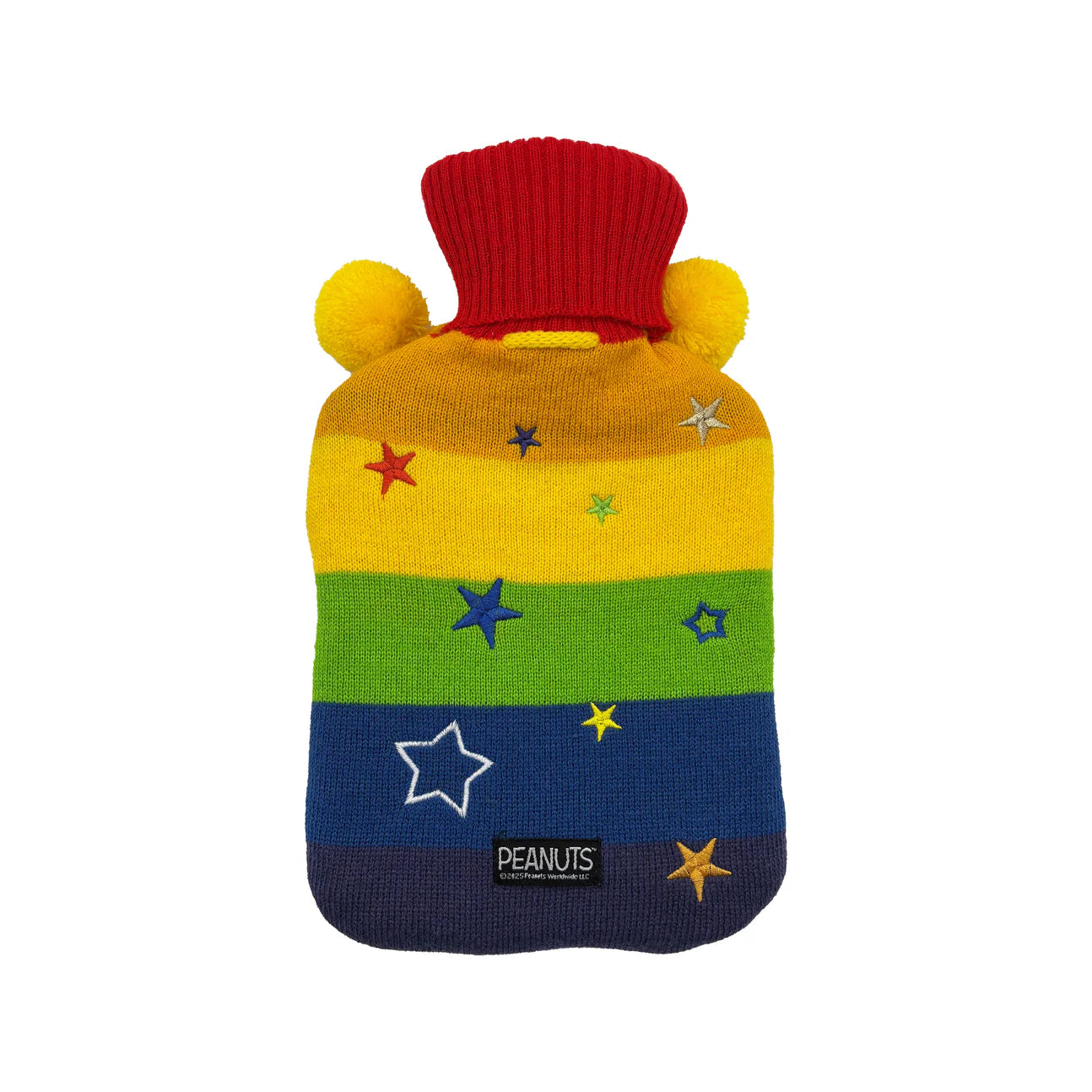 Reverse view of Peanuts Snoopy Rainbow Hot Water Bottle with rainbow stripes and star embroidery on white background.