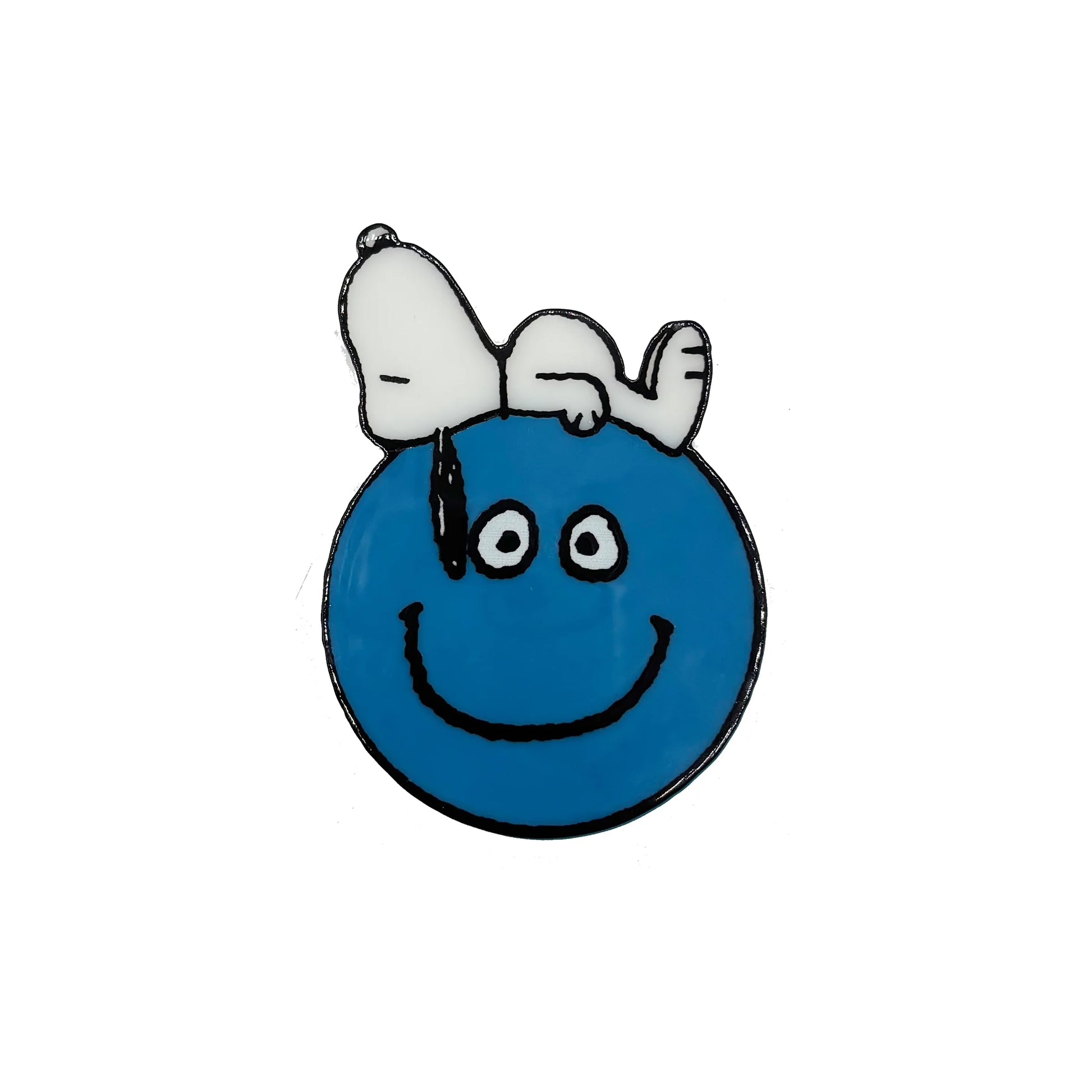 Front view of Snoopy Smiley compact mirror with blue smiley design.